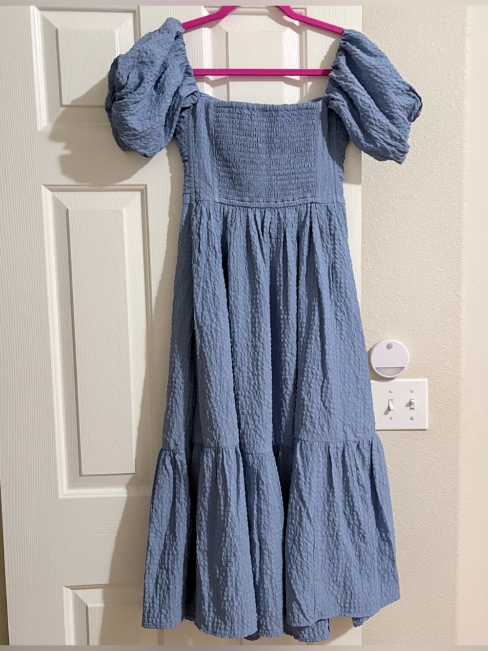 🩵Abercrombie & Fitch TEXTURED Emerson Puff Sleeve Blue MIDI Dress - Picture 3 of 7
